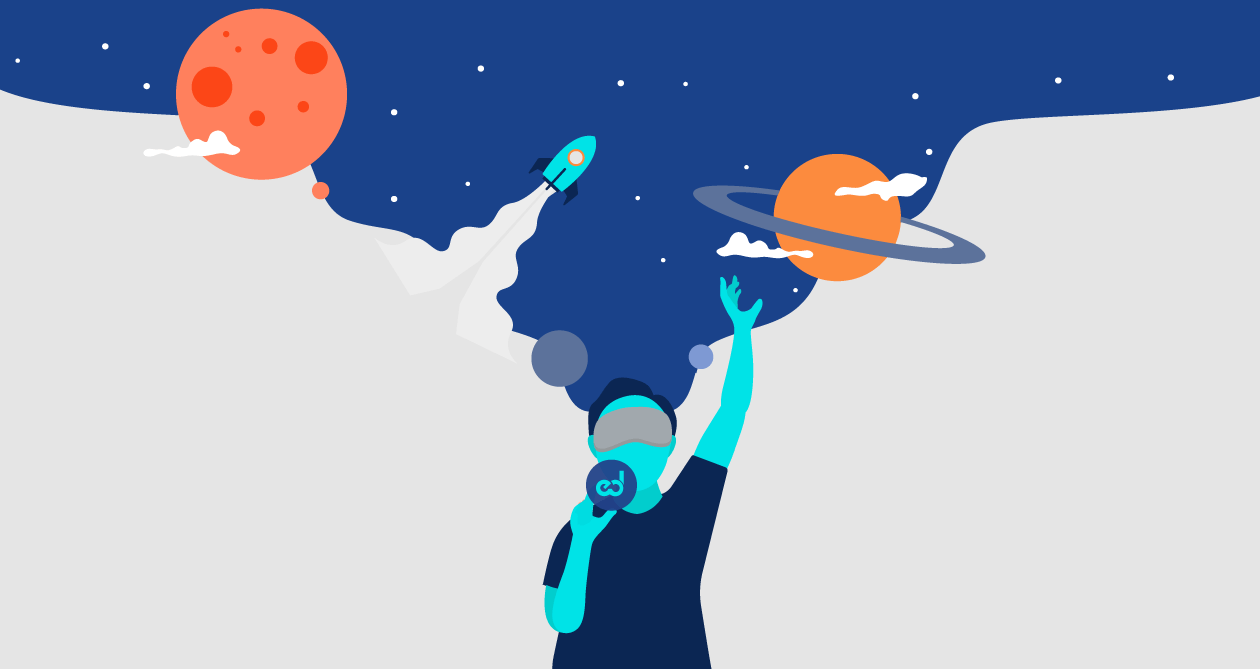 young man with VR glasses watching the space