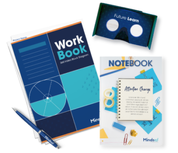 toolkit Mindsed's toolkit with workbook, carboard VR glasses, notebook and pen