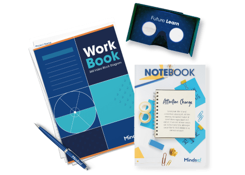Mindsed's toolkit with workbook, carboard VR glasses, notebook and pen