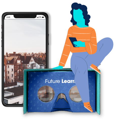 illustration of a girl with her mobile phone living experiences of augmented and virtual reality
