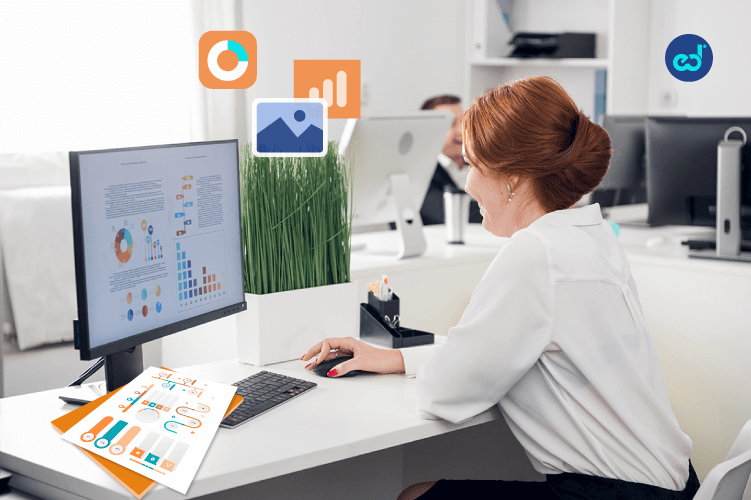 Female executive in her office creating infographics thanks to Mindsed's on-demand classes