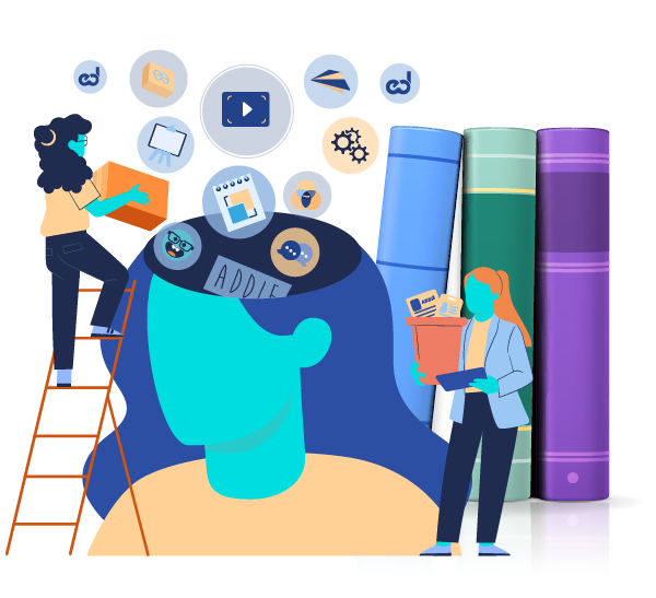 Illustrations of a head with books reflecting knowledge from online learning